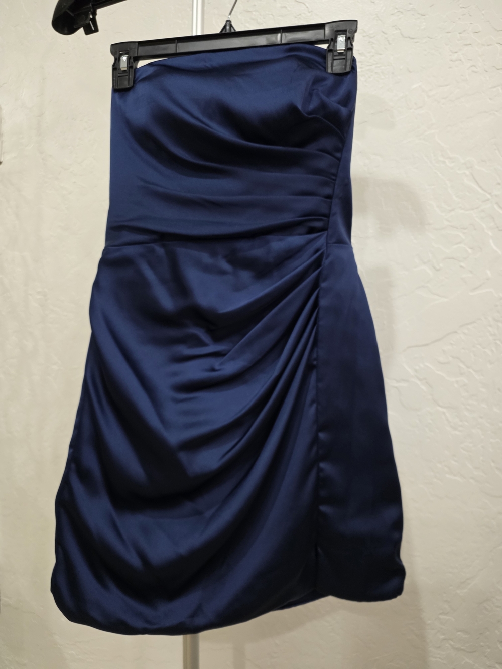 GB Navy Strapless Satin Ruched Evening Dress